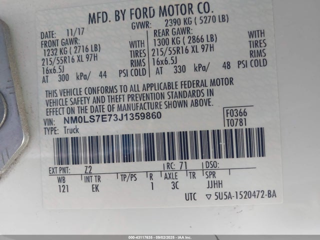 Ford 2.5l dohc pfi 2018 NM0LS7E73J1359860 Image 9