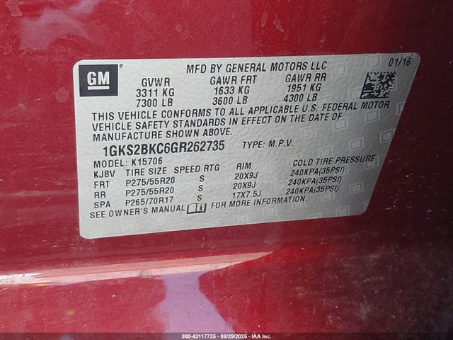 GMC l83 - sidi, vvt, afm, e85 max, aluminum 2016 1GKS2BKC6GR262735 Image 9