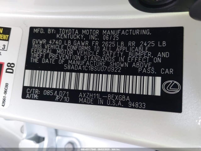 Aukcja sprzedaży 2025 Lexus Es 300h, vin: 58ADA1C18SU070922, numer aukcji: 43117848