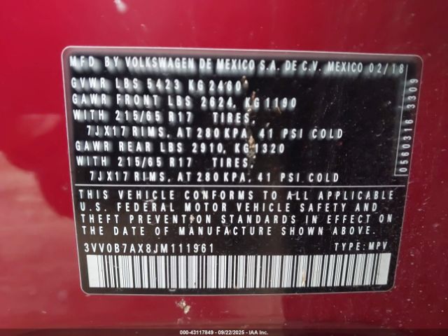 2018 VOLKSWAGEN TIGUAN 3VV0B7AX8JM111961 Photo 8