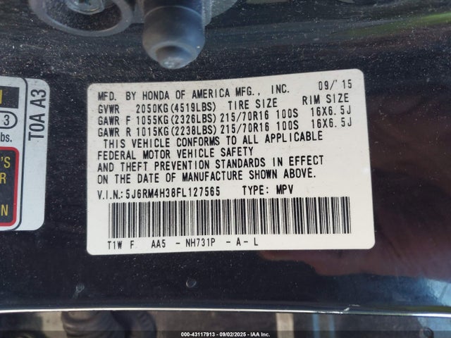 Honda k24w9 2015 5J6RM4H38FL127565 Image 9