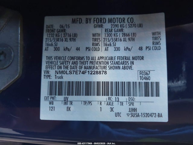 2015 Ford Transit Connect Xl მანქანა იყიდება აუქციონზე, vin: NM0LS7E74F1228878, აუქციონის ნომერი: 43117969