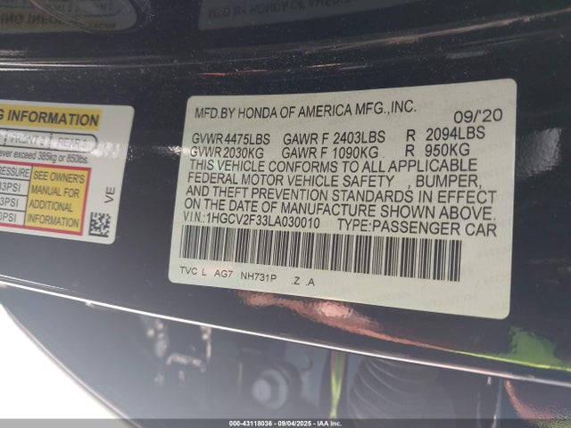 Honda k20c4 2020 1HGCV2F33LA030010 Image 9