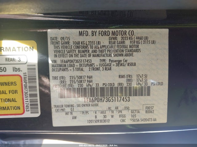43118075 :رقم المزاد ، 1FA6P0H73G5117453 vin ، 2016 Ford Fusion Se مزاد بيع