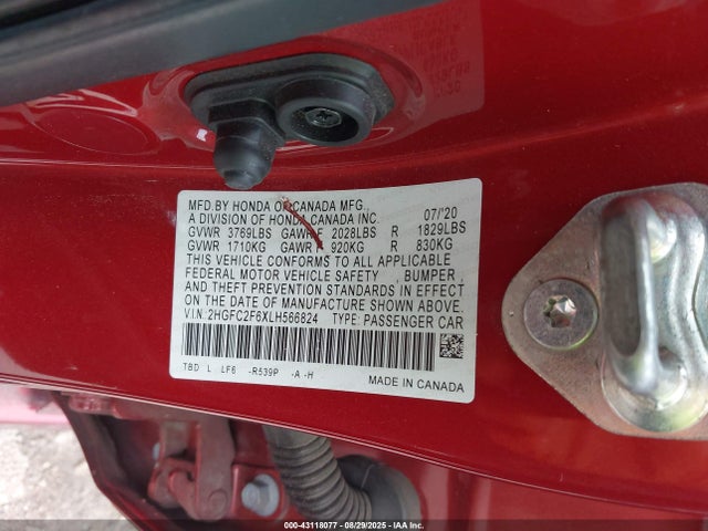 Продаж на аукціоні авто 2020 Honda Civic Lx, vin: 2HGFC2F6XLH566824, номер лоту: 43118077