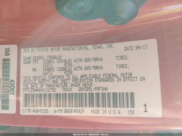 5TFCZ5AN6HX112752 Toyota 2gr-fks