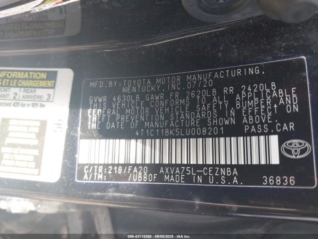 2020 TOYOTA CAMRY 4T1C11BK5LU008201 Photo 8