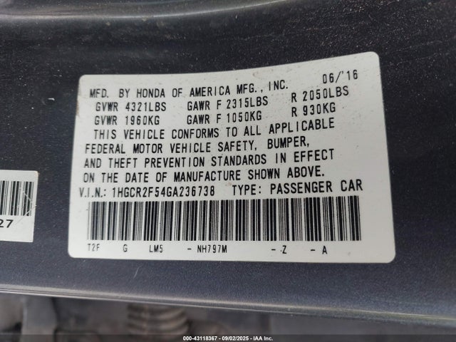 1HGCR2F54GA236738 Honda k24w1