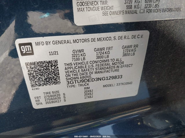 GMC l84 2022 3GTU9DED3NG129833 Image 9