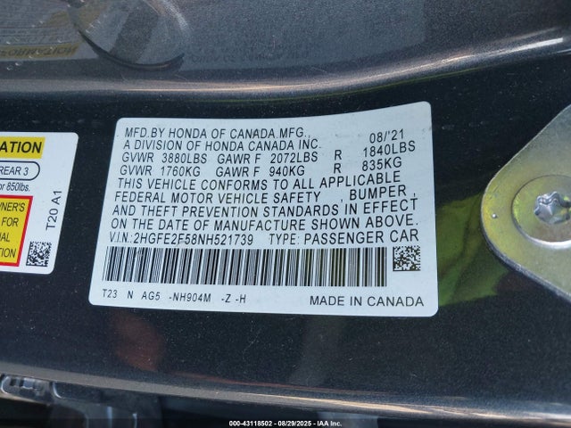 2HGFE2F58NH521739 Honda k20c2