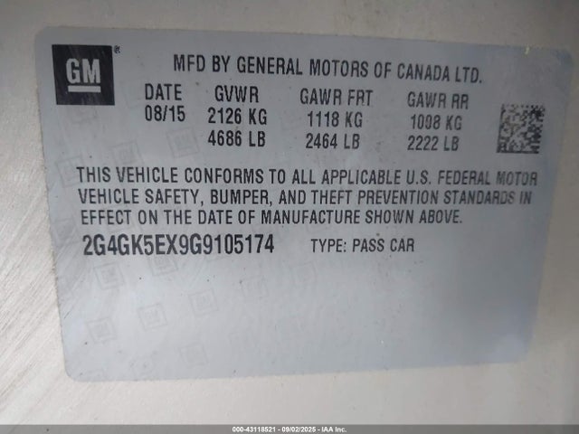 2G4GK5EX9G9105174 Buick ltg - sidi, alum, vvt, e85 max
