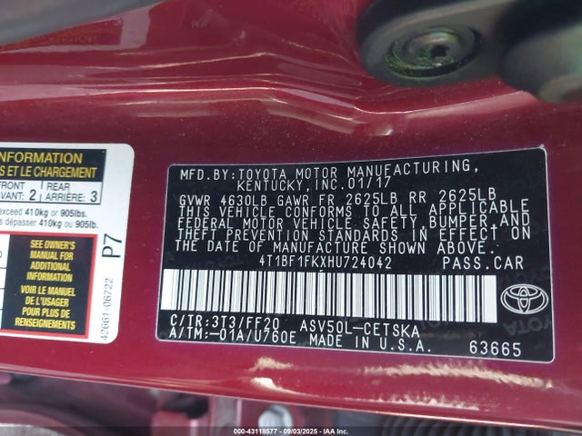 Toyota 2ar-fe 2017 4T1BF1FKXHU724042 Image 9