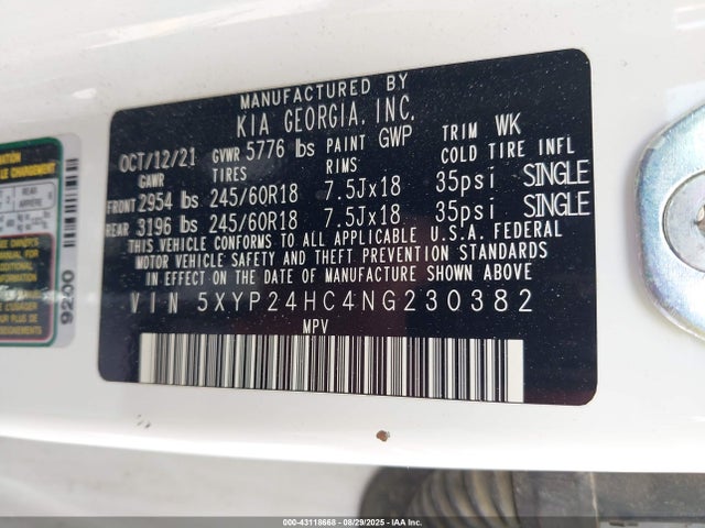 5XYP24HC4NG230382 KIA gdi lambda-ii