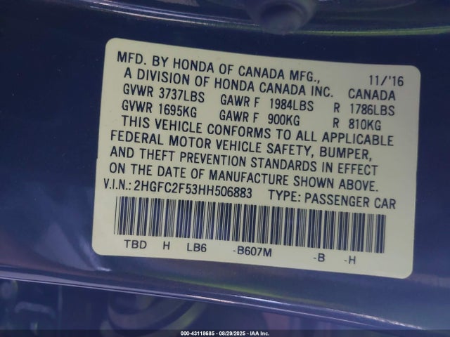 Honda k20c2 2017 2HGFC2F53HH506883 Image 9