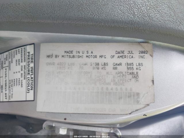 2003 MITSUBISHI GALANT 4A3AA46G33E048688 Photo 8