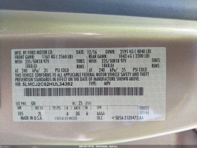 Lincoln 2.0l ecoboost 2017 5LMCJ2C92HUL34382 Image 9