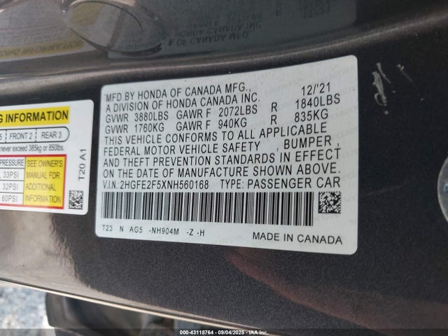 Honda Civic Sport 2022 2HGFE2F5XNH560168 Image 9