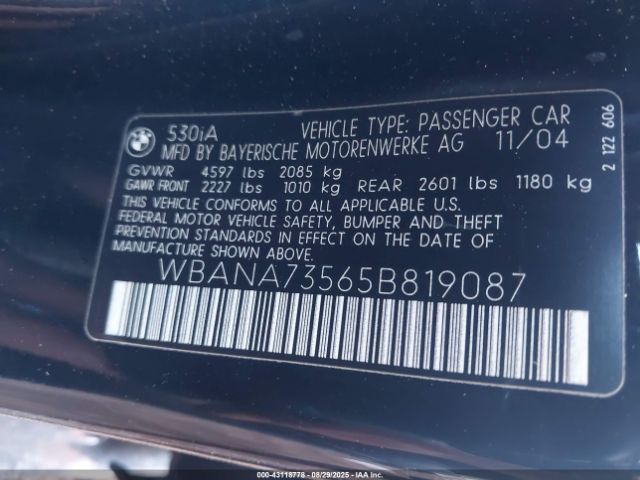 2005 BMW 530I WBANA73565B819087 Photo 8