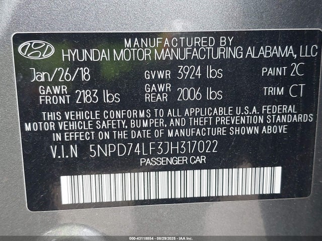 5NPD74LF3JH317022 Hyundai mpi nu