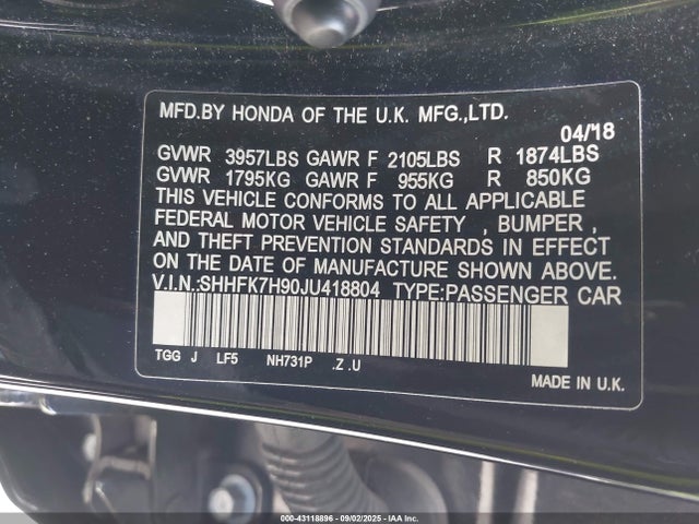 SHHFK7H90JU418804 Honda l15ba