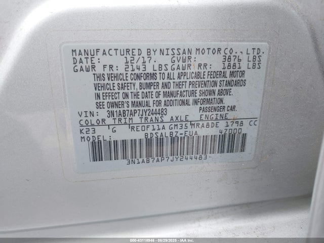 Продаж на аукціоні авто 2018 Nissan Sentra S, vin: 3N1AB7AP7JY244483, номер лоту: 43118946