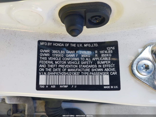 SHHFK7H25HU213637 Honda l15ba