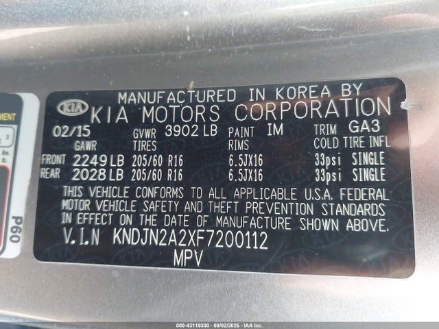 KNDJN2A2XF7200112 KIA dohc gdi gamma