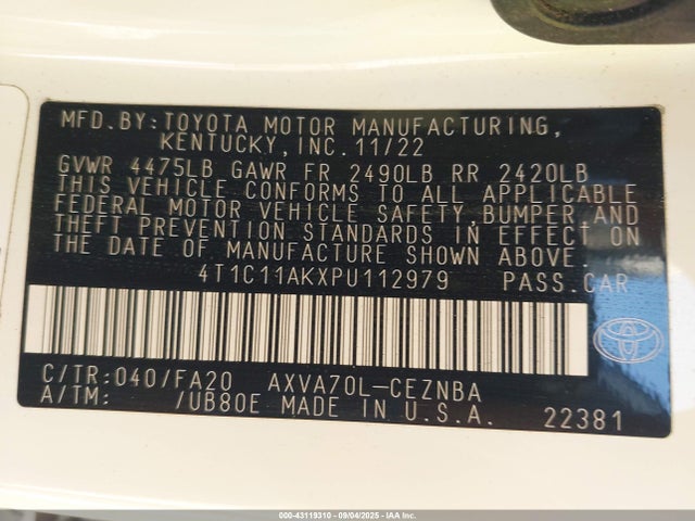 4T1C11AKXPU112979 Toyota a25a-fks