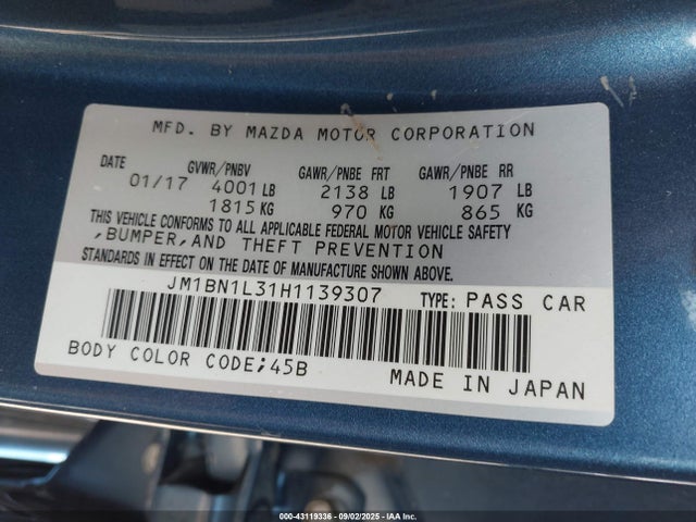 JM1BN1L31H1139307 Mazda Mazda3 Touring 2.5