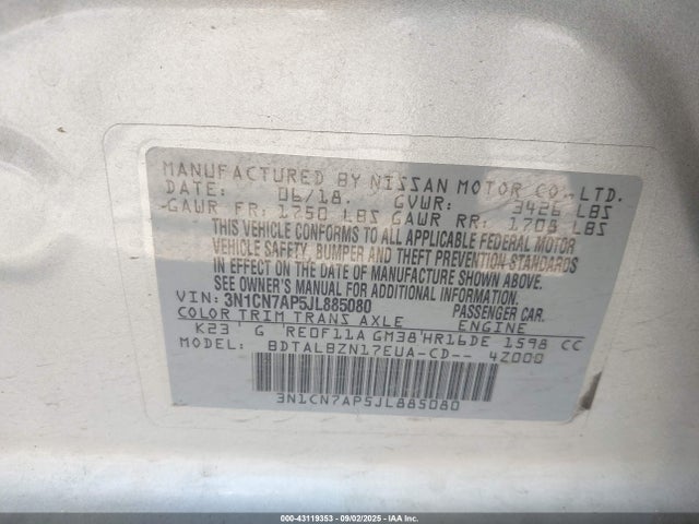3N1CN7AP5JL885080 Nissan Versa