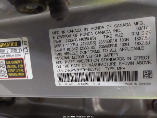 2HKRW2H57HH628198 Honda l15be