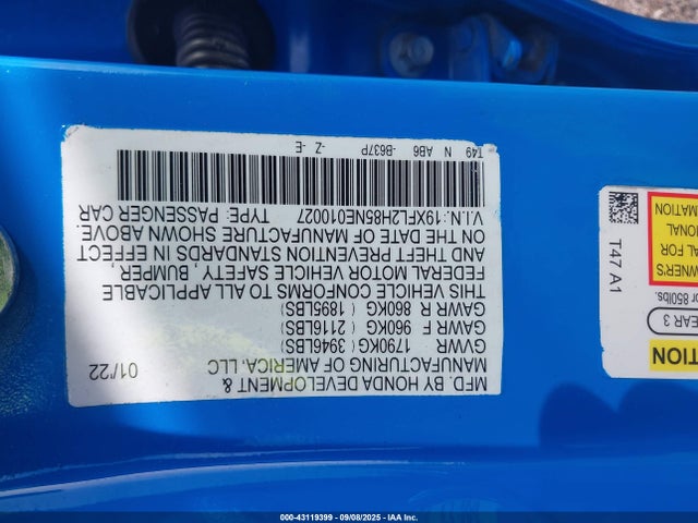 19XFL2H85NE010027 Honda k20c2