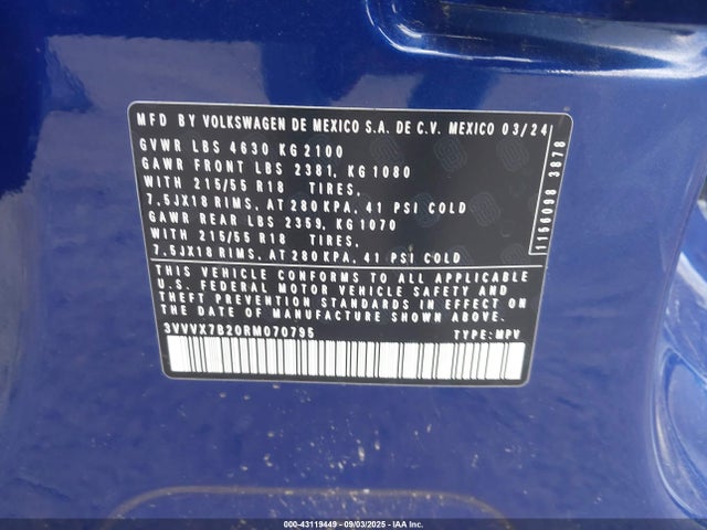 2024 Volkswagen Taos 1.5t Se მანქანა იყიდება აუქციონზე, vin: 3VVVX7B20RM070795, აუქციონის ნომერი: 43119449