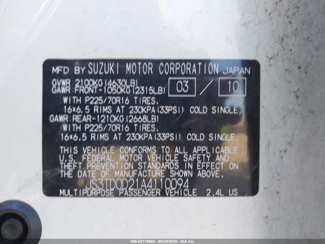 Auction sale of the 2010 Suzuki Grand Vitara Premium, vin: JS3TD0D21A4110094, lot number: 43119568