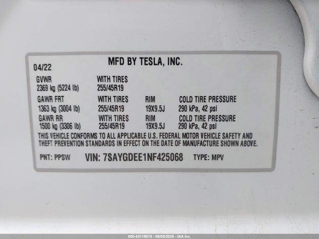 7SAYGDEE1NF425068 Tesla Model Y