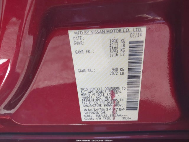 1N4AL3AP7EN349794 Nissan Altima 2.5/2.5 S/2.5 Sl/2.5 Sv