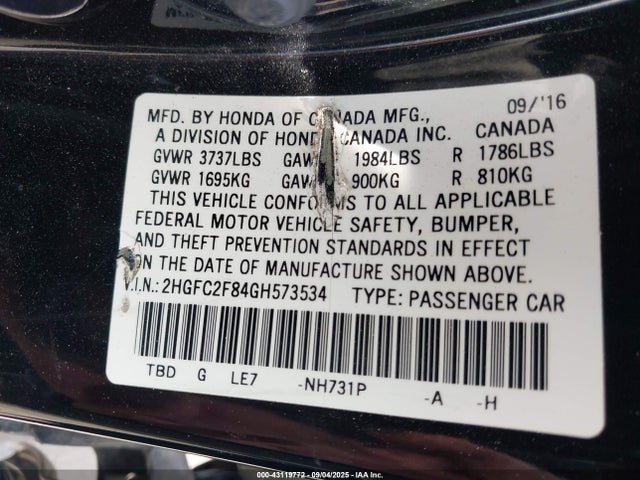 Honda k20c2 2016 2HGFC2F84GH573534 Image 9
