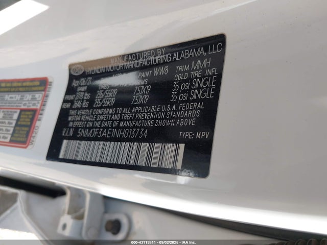 5NMJF3AE1NH013734 Hyundai gdi theta iii