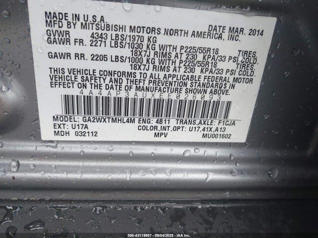 Mitsubishi dohc mivec 2014 4A4AP3AUXEE026093 Image 9
