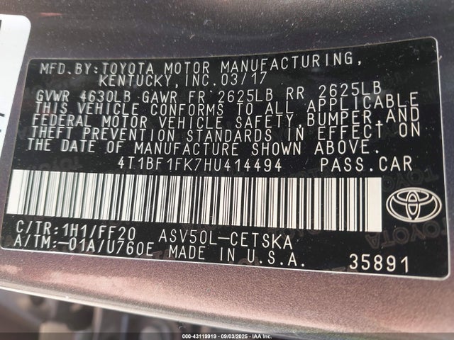 Toyota 2ar-fe 2017 4T1BF1FK7HU414494 Image 9