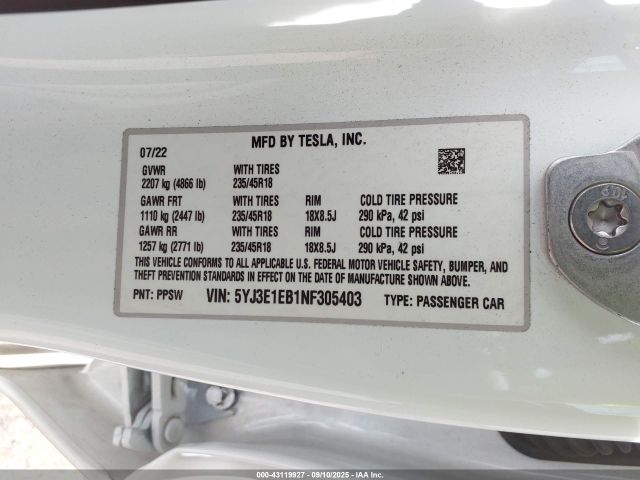 2022 TESLA MODEL 3 5YJ3E1EB1NF305403 Photo 8
