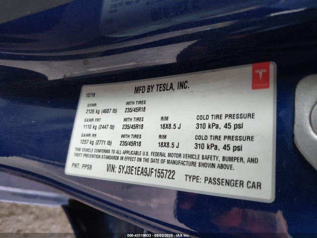 2018 TESLA MODEL 3 5YJ3E1EA9JF155722 Photo 8