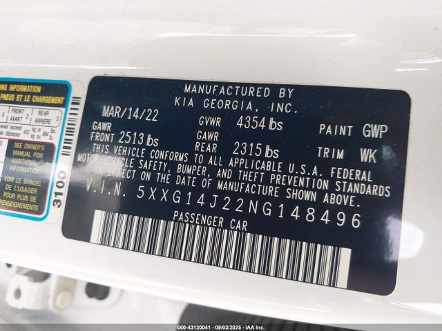 5XXG14J22NG148496 KIA K5 LXS