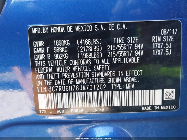 3CZRU6H78JM701202 Honda Hr-v Ex-l