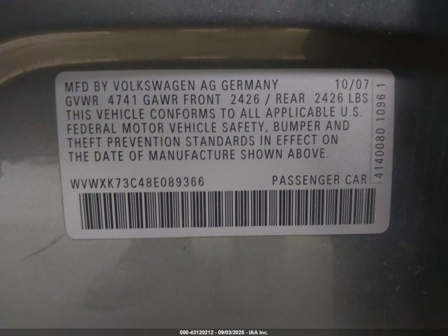 2008 VOLKSWAGEN PASSAT WVWXK73C48E089366 Photo 8