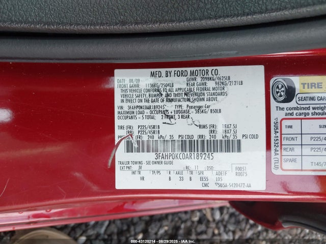 Aukcja sprzedaży 2010 Ford Fusion Sport, vin: 3FAHP0KC0AR189245, numer aukcji: 43120214
