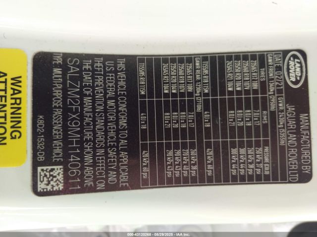 2021 LAND ROVER RANGE ROVER EVOQUE SALZM2FX9MH140611 Photo 8