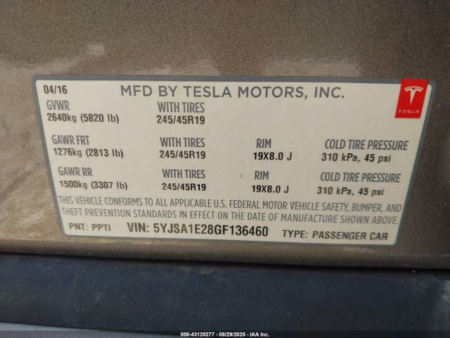 2016 TESLA MODEL S 5YJSA1E28GF136460 Photo 8