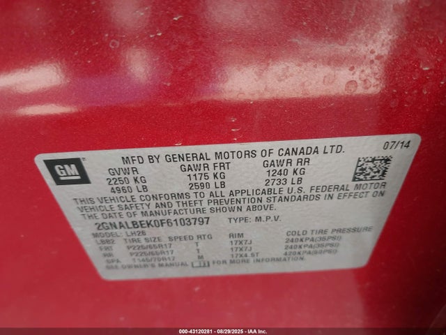 2GNALBEK0F6103797 Chevrolet lea - flex fuel (gas/alc), aluminum, ho,