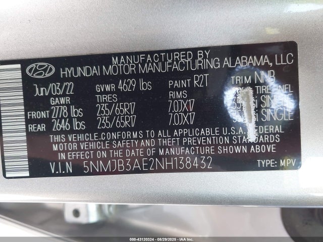 5NMJB3AE2NH138432 Hyundai gdi theta iii